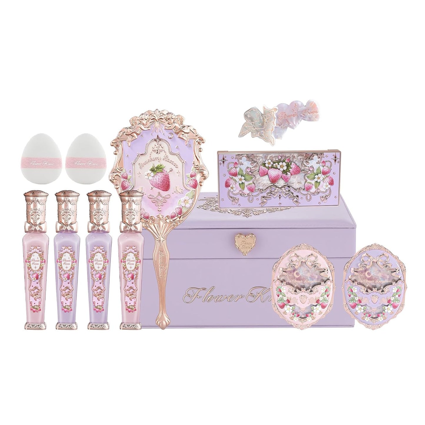 Cake Charm Set,Strawberry Cupid 12-Piece Makeup Gift Box Set,Lip Cream+Liquid Blush+Makeup Palette+Hand Mirror+Solid Perfume+Hair Clip+Cushion Powder Puff+Eyeshadow Brush+Gift Box