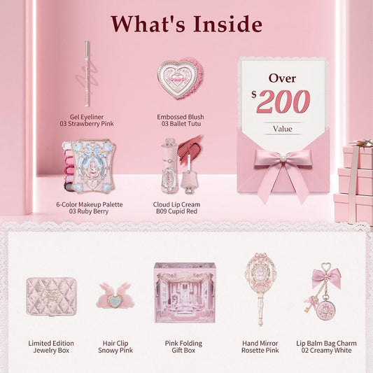 Bunny Garden Chromatic Harmony Gift Set, Sweet Berry Bunny Theme, Collectible Pink 9-Piece Beauty Box with Lip Cream, Blush, Eyeshadow, Gel Eyeliner, Mirror & Tools