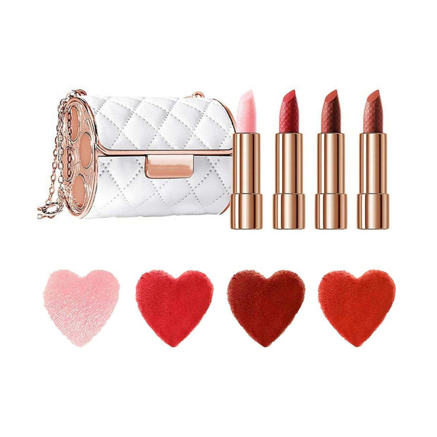 4-color velvet matte lipstick set with waterproof long-lasting lipsticks and elegant white chain leather pouch gift set