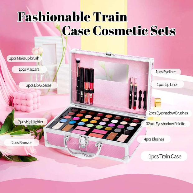 Beginner Makeup Kit for Teen,Makeup Set for Girl Women,Beginner Makeup Kit with Cosmetic Train Case Included 32 Colors Eyeshadow Blush Contour Lip Gloss Lip Liner Mascara Eyeliner Mirror