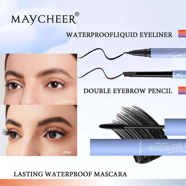 Makeup Kit for Women with waterproof liquid eyeliner, double eyebrow pencil, and lasting waterproof mascara showing before and after eye makeup results