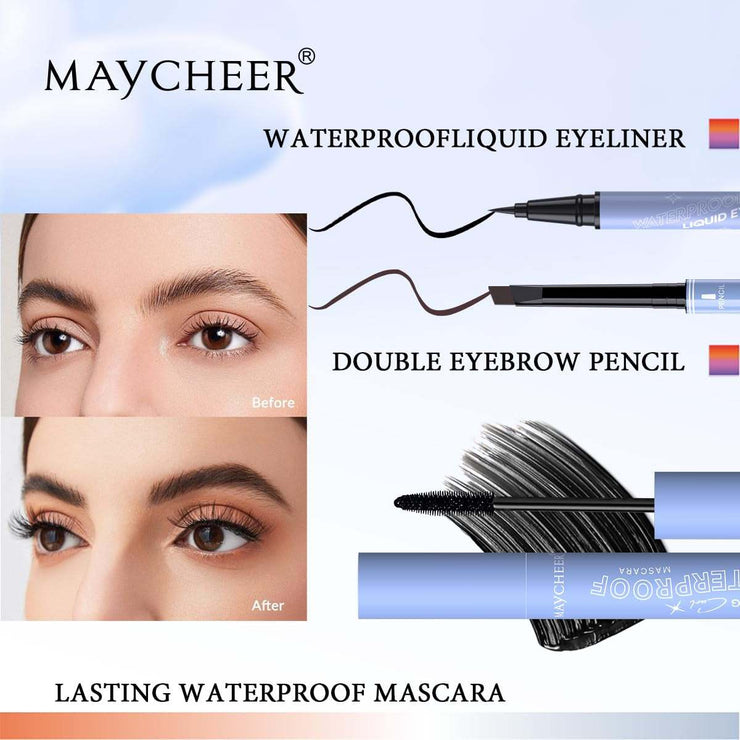 Makeup Kit for Women with waterproof liquid eyeliner, double eyebrow pencil, and lasting waterproof mascara showing before and after eye makeup results
