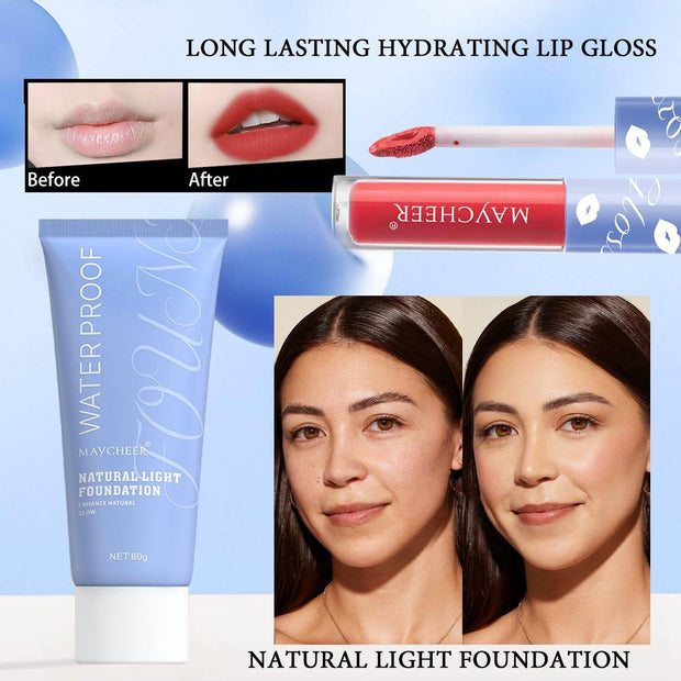 Makeup Kit for Women with waterproof natural light foundation and long lasting hydrating lip gloss showing before and after results