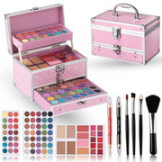 Portable pink makeup kit for teens with 56 eyeshadows, lip glosses, blush, highlighter, contour, pencils, brushes, in a star-patterned train case