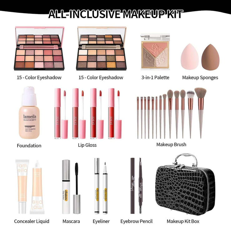 Makeup kit for women with eyeshadow palettes, blush, contour, highlighter, lip gloss, concealer, brushes, and black case