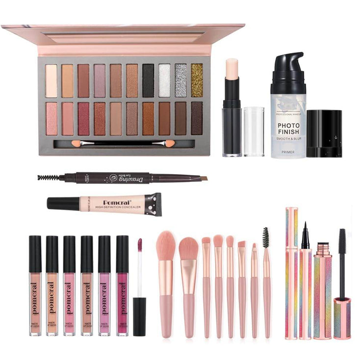 Full Makeup Kit for Women with eyeshadow palette, lip gloss, foundation, concealer, primer, mascara, eyeliner, brow pencil, contour stick, and makeup brushes.