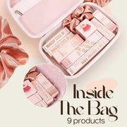 Makeup gift set for teens and women with 9 cosmetic products in a pink bag