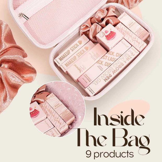 Makeup gift set for teens and women with 9 cosmetic products in a pink bag