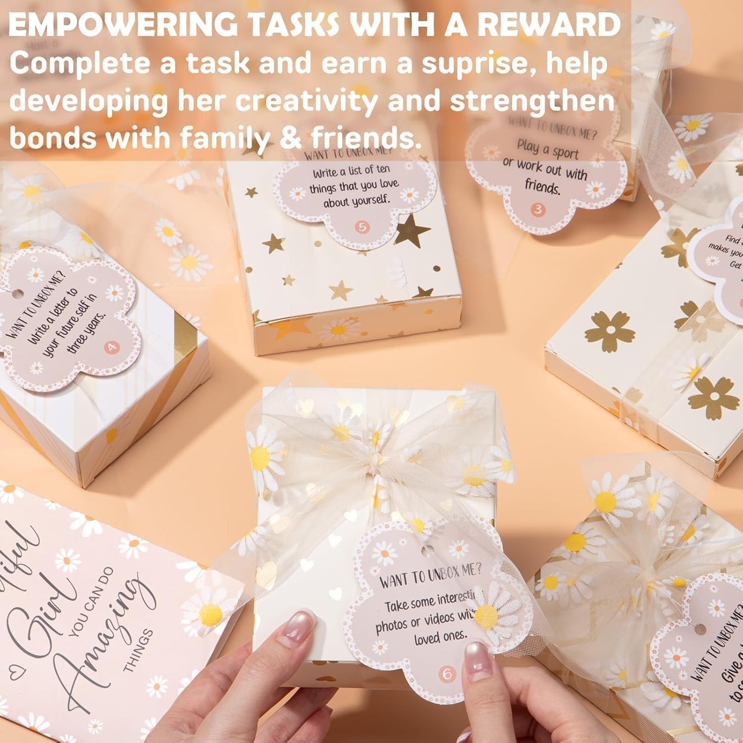 Easter Basket Gifts for Tween & Teen Girls, 8 PCS Birthday Gift Teenage Girl Gifts Trendy Stuff W/Fun Task Tag Makeup Brushes & Bag, Empower Positive Wrapped Gift Prefilled Stuffers for Daughter Niece