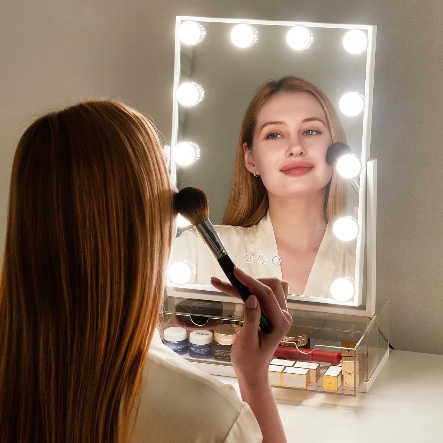 Makeup Vanity Mirror with Lights, Hollywood Makeup Mirror with Dimmable 12 LED Lights, Smart Touch with 3 Colors Adjustment and Rotation-Free