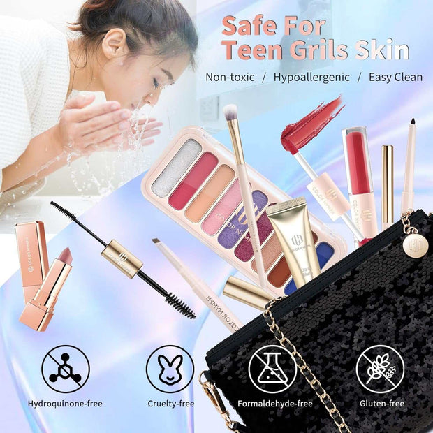 Makeup kit for teen girls with 9-color eyeshadow, lip gloss, mascara, and sequin cosmetic bag, gentle and easy-clean formula
