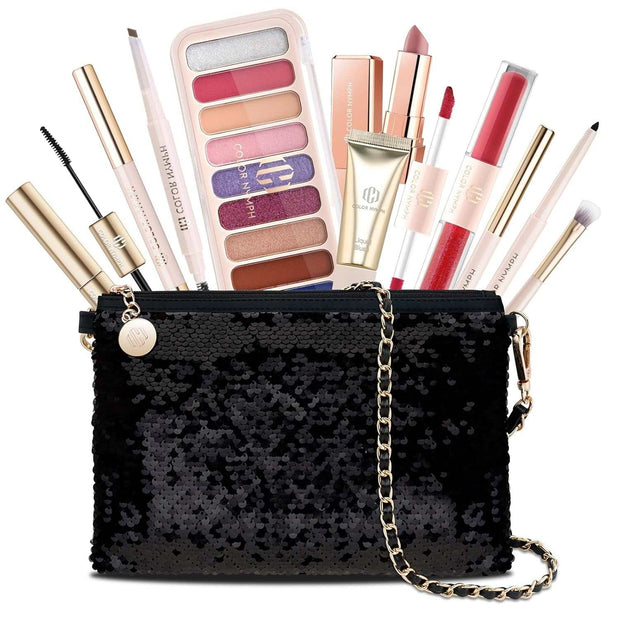 Makeup kit for teen girls with 9-color eyeshadow palette, lip gloss, mascara, and black sequin crossbody bag