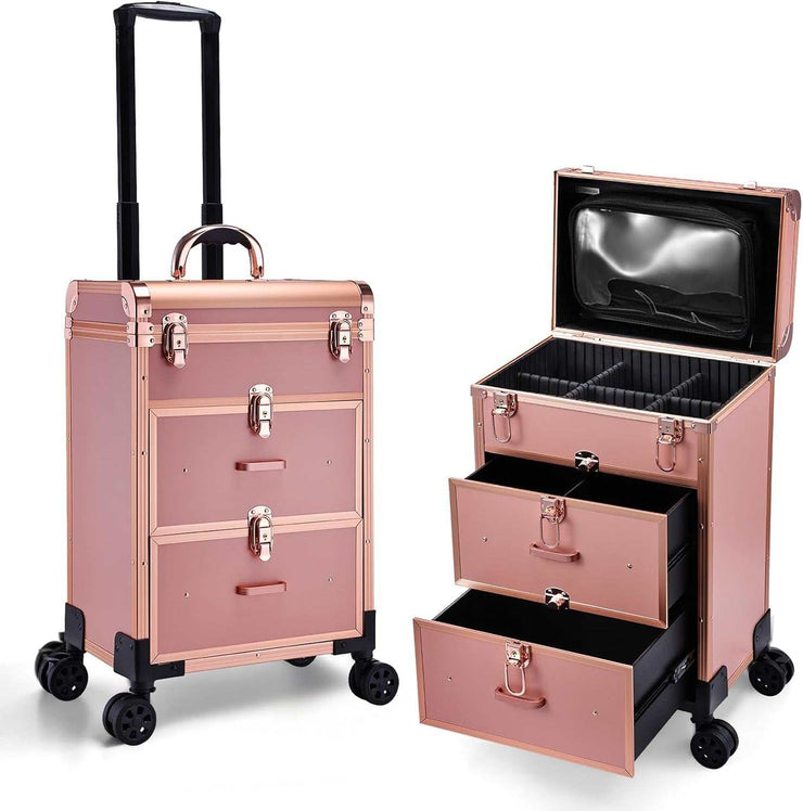 Matte gold rolling makeup case with drawers, locks, and 360-degree detachable wheels for travel and cosmetic storage.