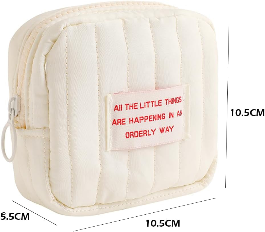 Small Makeup Bag Quilted Travel Cosmetic Organizer Bag White Square Pouch with Zipper Cute Preppy Portable Toiletry Bag for Purse Aesthetic Mini Storage Bag for Women Mama Gift