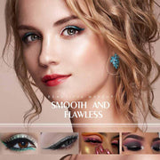 Woman wearing smooth and flawless eye makeup with glitter liquid eyeliner and metallic shimmer eyeshadow