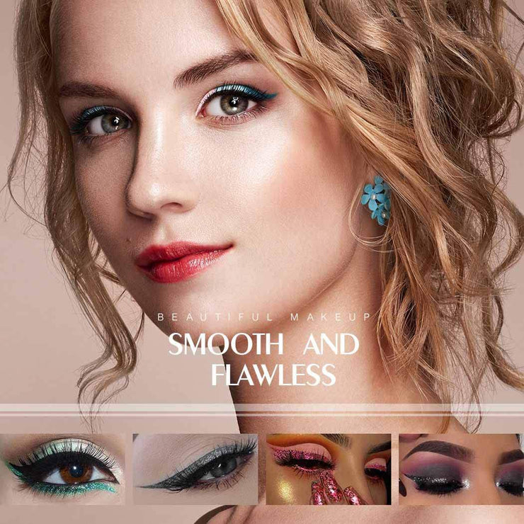 Woman wearing smooth and flawless eye makeup with glitter liquid eyeliner and metallic shimmer eyeshadow