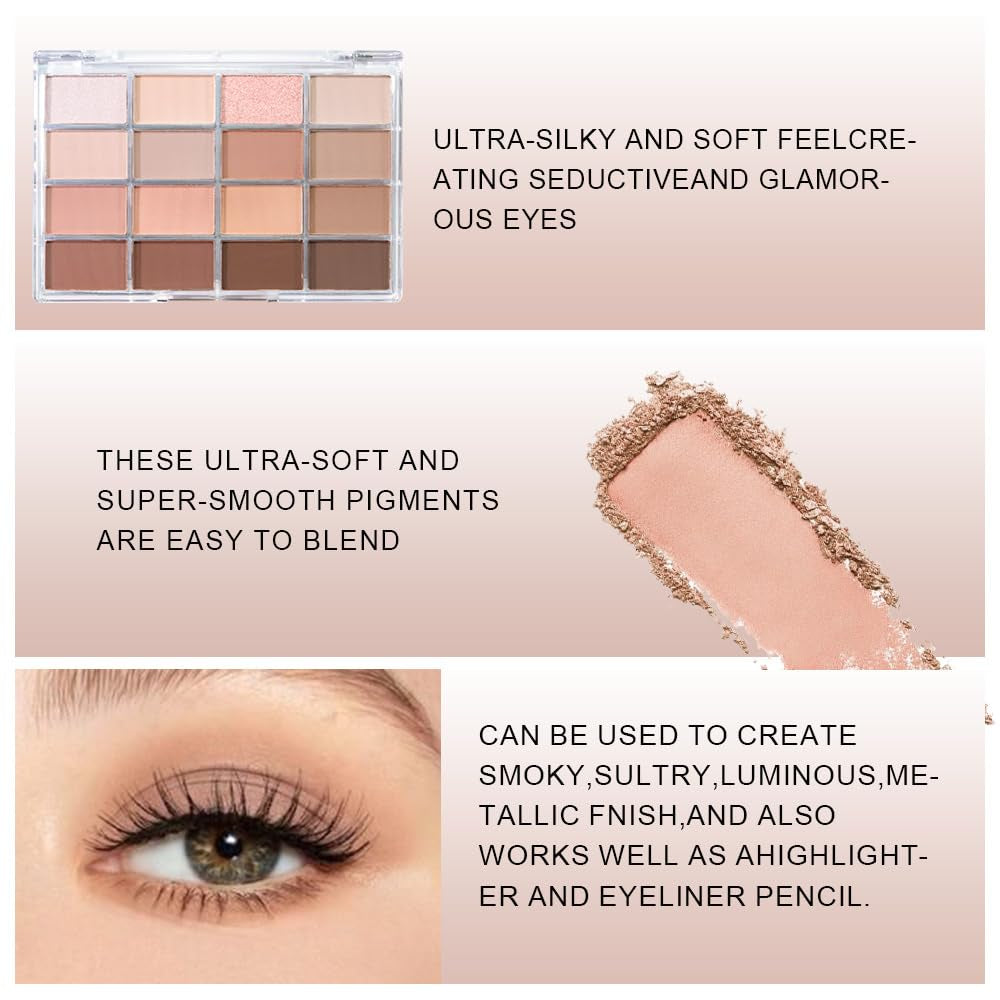 16 Colors Nude Brown Eyeshadow Palette – Matte & Shimmer Finishes – Warm Caramel, Mocha, Champagne & Taupe Tones Eye Shadow – Highly Pigmented Neutral Eye Makeup Palette for Woman