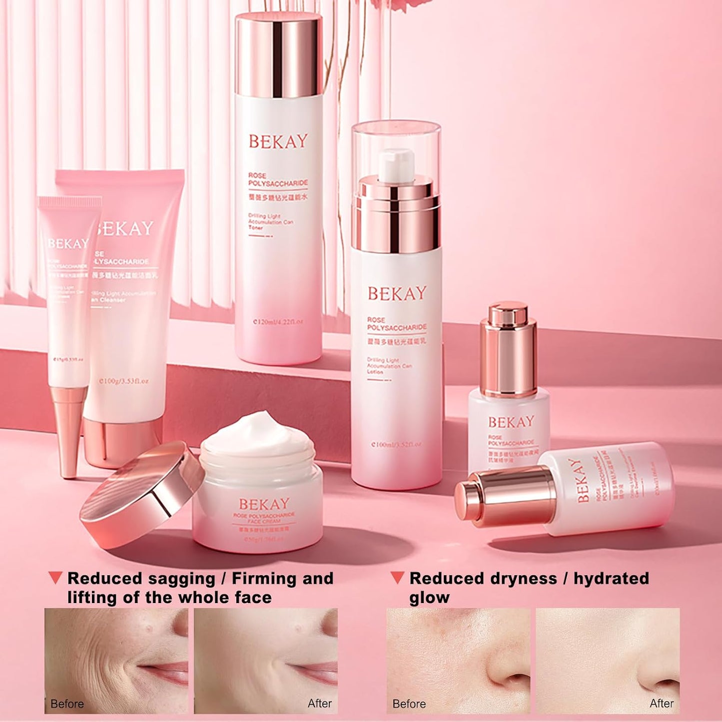 O'KADY Rose Polysaccharide Glow Hydration Skin Set,7-Piece Hydrating Skincare Set for Anti-Aging & Moisturizing,Pamper Gifts for Women,Valentine Birthday Mother'S Day Gifts for Wife Mom Teenage Girls