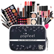 All-in-One Makeup Kit with eyeshadow, lipstick, foundation, brushes, and makeup bag for women.
