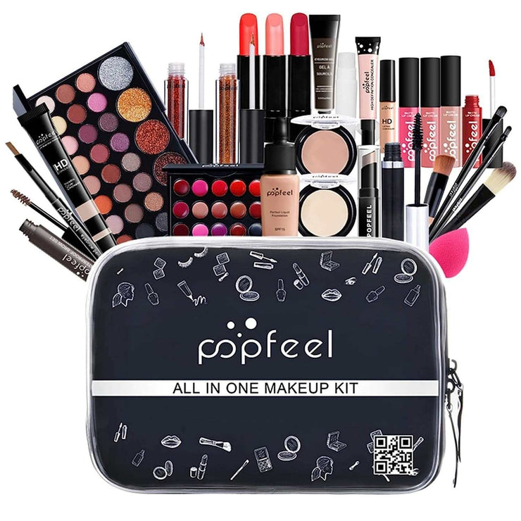 All-in-One Makeup Kit with eyeshadow, lipstick, foundation, brushes, and makeup bag for women.