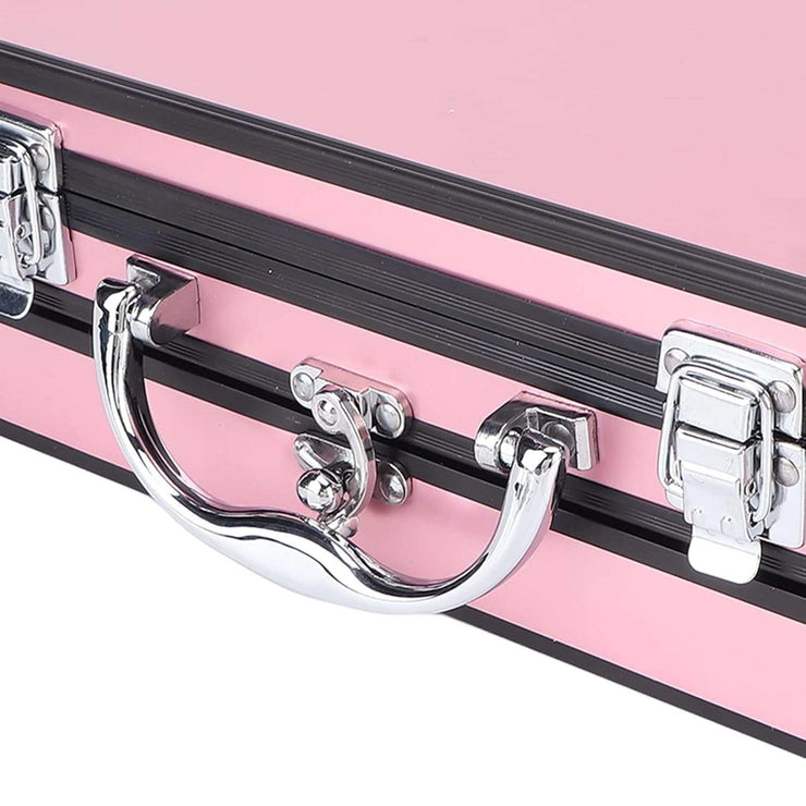 Pink full makeup kit case with silver handle and latch for easy carrying and professional use