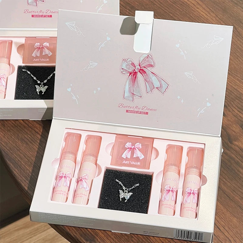 Butterfly Dance Color Box Four Lip Glaze Blush Set Necklace Lip Mud Blush Set