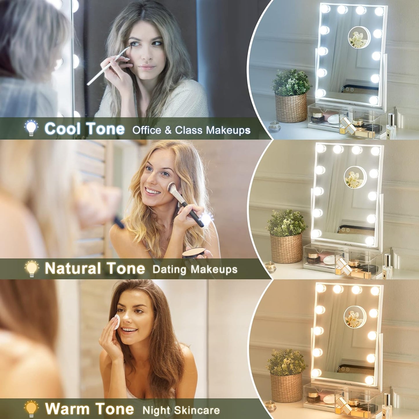 Makeup Vanity Mirror with Lights, Hollywood Makeup Mirror with Dimmable 12 LED Lights, Smart Touch with 3 Colors Adjustment and Rotation-Free