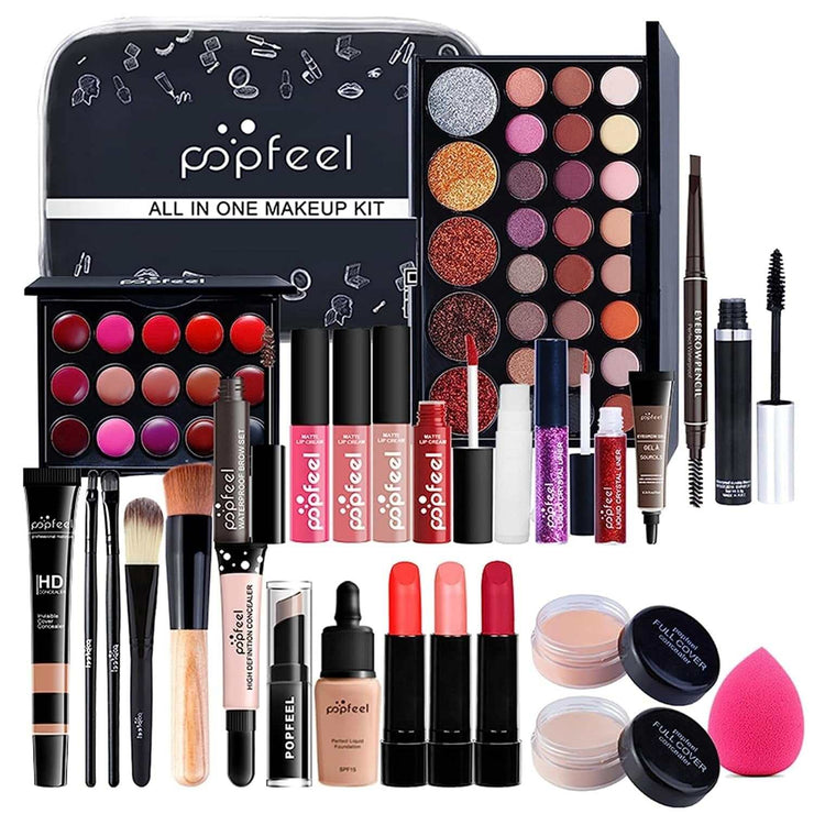 all-in-one makeup kit with eyeshadow palette, lipsticks, lip gloss, foundation, concealer, mascara, eyebrow pencil, brushes, and makeup bag
