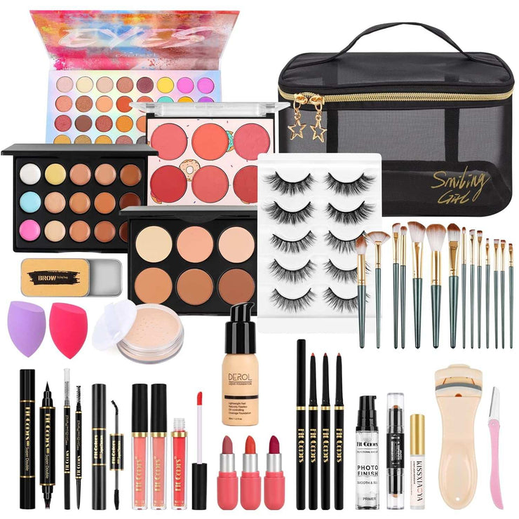 Makeup Set for Teens & Adults – Portable Starter Kit with Storage Bag, Eyeshadow Palette, Foundation & Lip Gloss for Travel