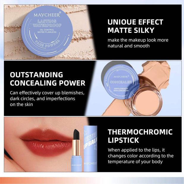 Makeup Kit for Women with matte silky finish, concealer, and thermochromic lipstick changing color with body temperature