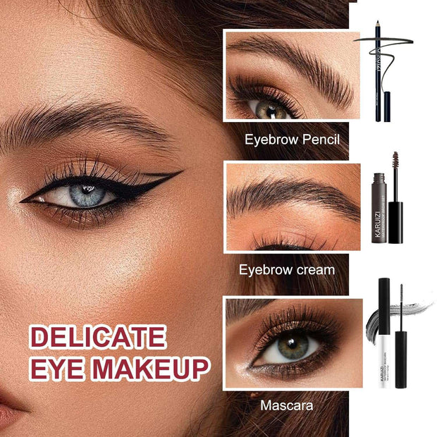 Beginner makeup kit for girls ages 8-12 featuring eyebrow pencil, eyebrow cream, and mascara for delicate eye makeup.