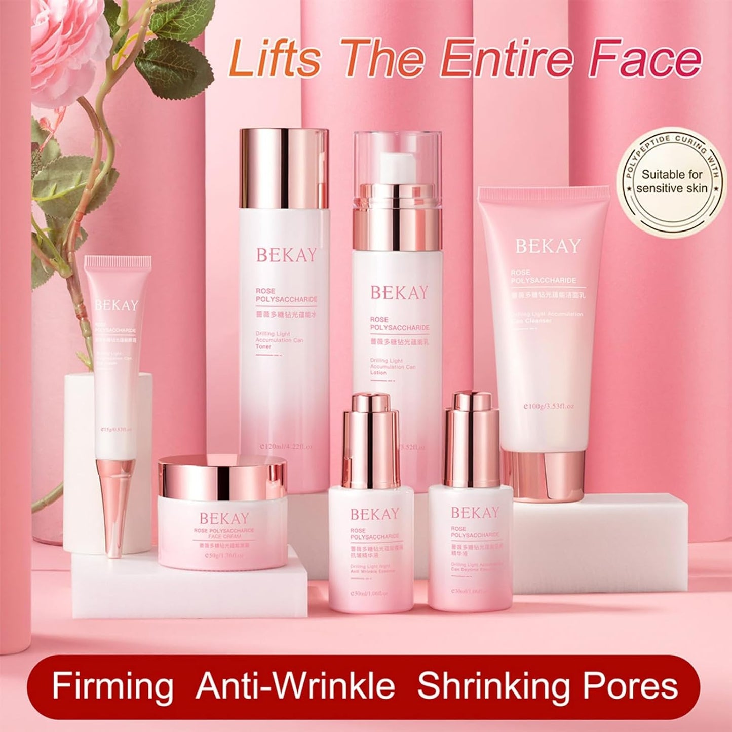 O'KADY Rose Polysaccharide Glow Hydration Skin Set,7-Piece Hydrating Skincare Set for Anti-Aging & Moisturizing,Pamper Gifts for Women,Valentine Birthday Mother'S Day Gifts for Wife Mom Teenage Girls