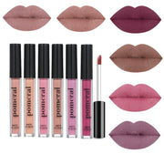 Full makeup kit for women featuring six matte lip glosses in various nude and pink shades with applicator wand shown