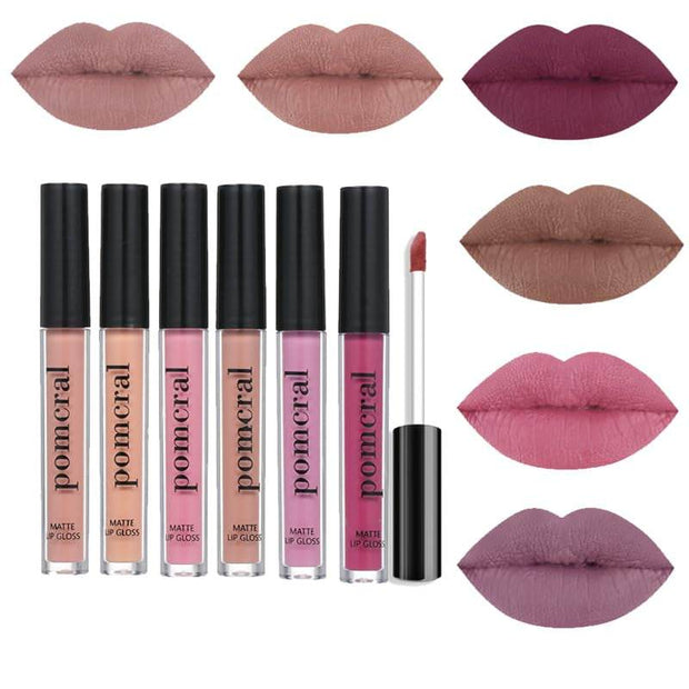 Full makeup kit for women featuring six matte lip glosses in various nude and pink shades with applicator wand shown