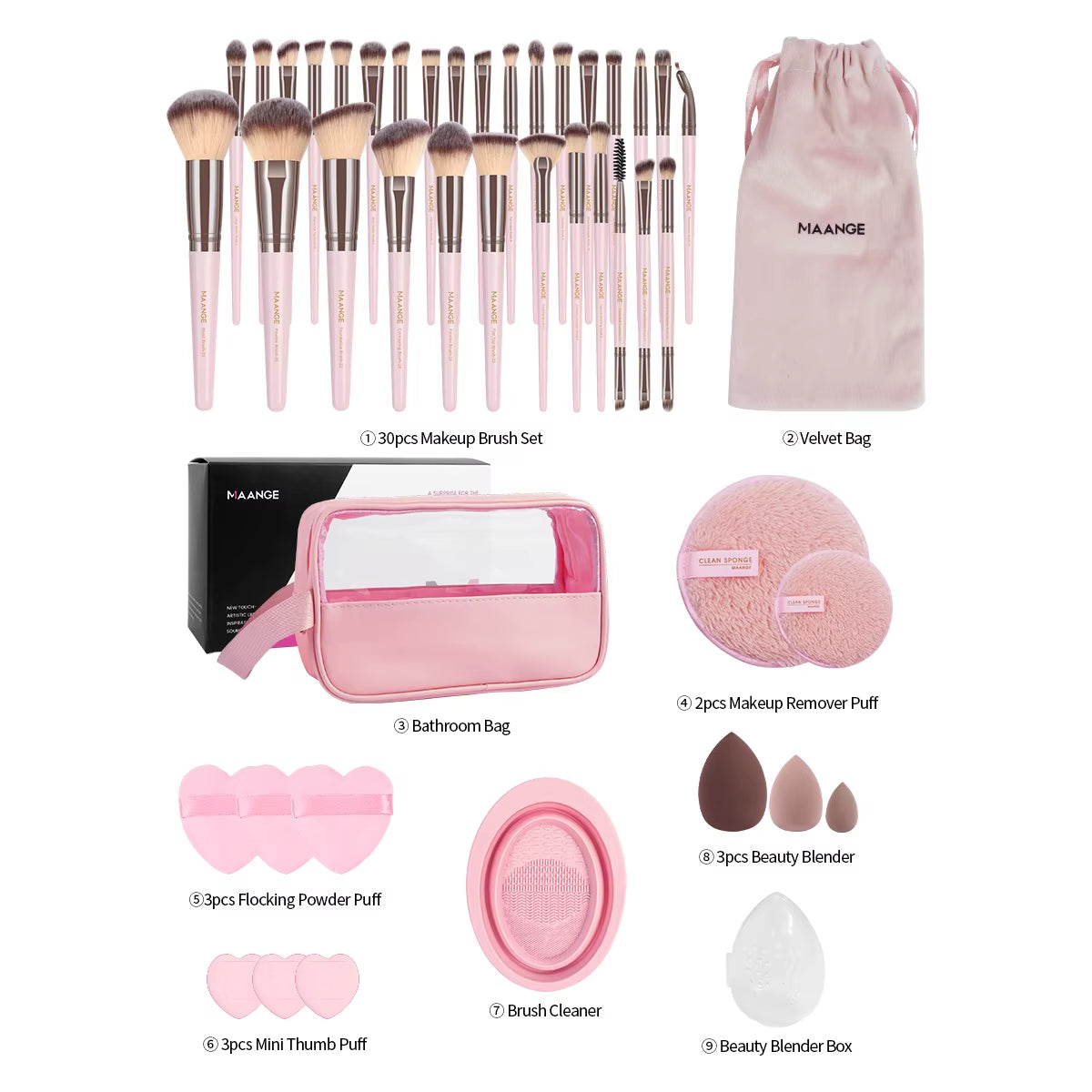 45Pcs Pro Makeup Brushes Kit 30Pcs Brush 1Pc Velvet Bag 9Pcs Makeup Sponges Washing Storage Bag for Travel Gift Beginner