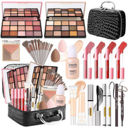 Makeup kit for women with eyeshadow palettes, blush, contour, highlighter, lip gloss set, concealer, brushes, and cosmetic case