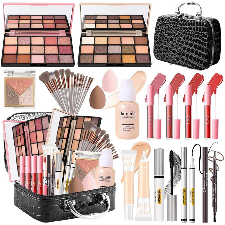 Makeup kit for women with eyeshadow palettes, blush, contour, highlighter, lip gloss set, concealer, brushes, and cosmetic case