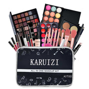 Beginner makeup kit with eyeshadows, lip glosses, brushes, and foundation in a portable carry-on bag for girls and women ages 8-12.