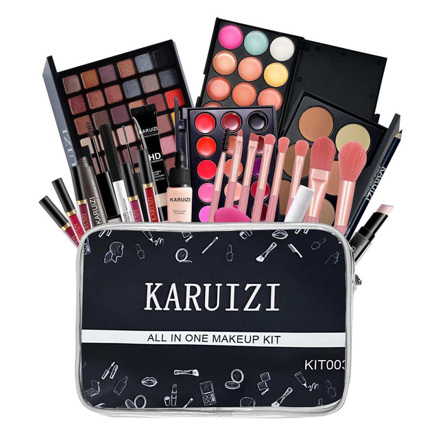 Beginner makeup kit with eyeshadows, lip glosses, brushes, and foundation in a portable carry-on bag for girls and women ages 8-12.