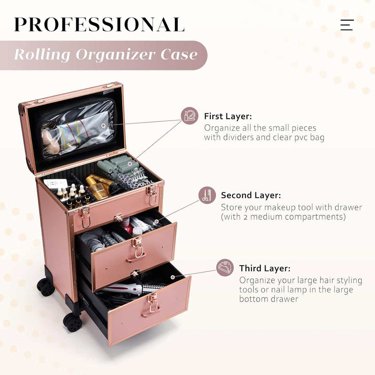 Matte gold professional rolling makeup case with lockable drawers and 360-degree rotating wheels for travel and cosmetic storage.