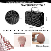 Black textured portable makeup case with brushes and sponges, compact 7.5x5.5x3 inch full makeup kit for women