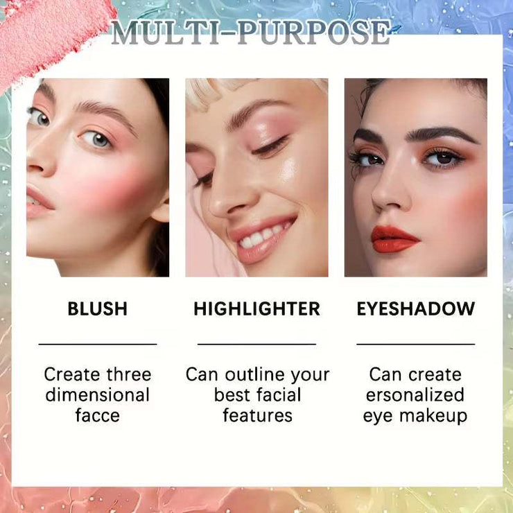 4-Color Rose Blush palette showing multi-purpose use as blush, highlighter, and eyeshadow for radiant, natural makeup looks