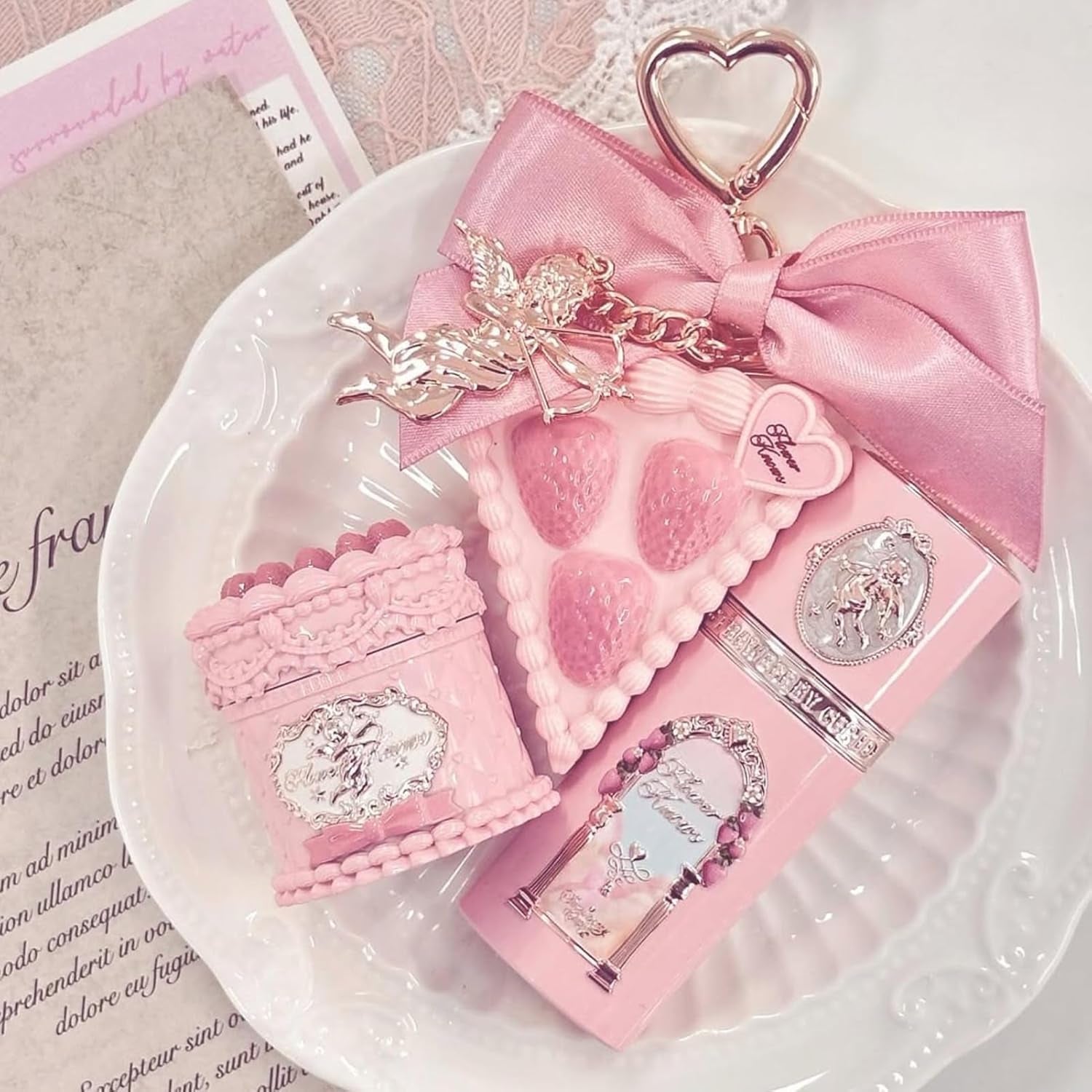 Cake Charm Set,Strawberry Cupid 12-Piece Makeup Gift Box Set,Lip Cream+Liquid Blush+Makeup Palette+Hand Mirror+Solid Perfume+Hair Clip+Cushion Powder Puff+Eyeshadow Brush+Gift Box