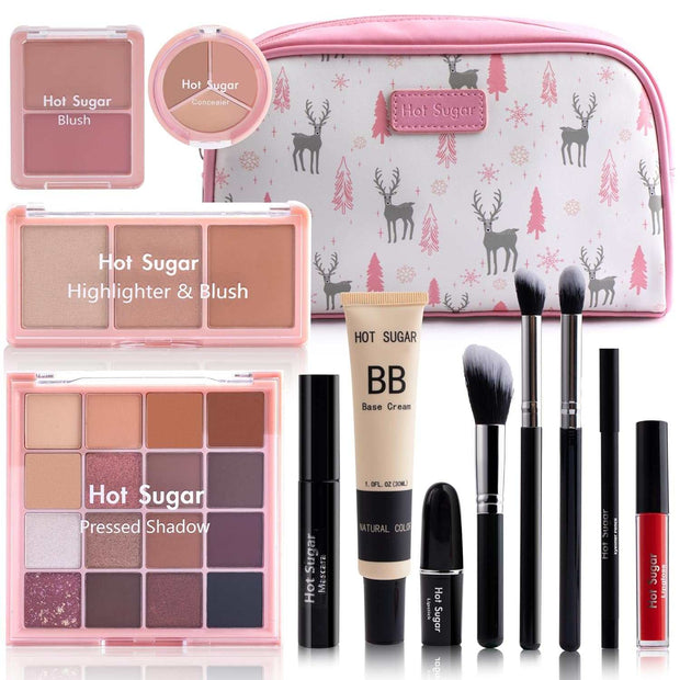 Travel makeup kit all-in-one with eyeshadows, blush, highlighter, BB cream, brushes, and pink cosmetic bag.