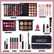 Beginner makeup kit for girls and women with eyeshadow, lip gloss, brushes, foundation, and portable makeup bag