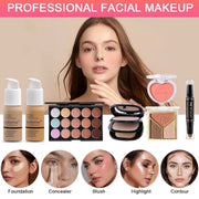 All-in-One Makeup Kit with foundation, concealer, eyeshadow, blush, highlighter, contour, and brushes for professional facial makeup.