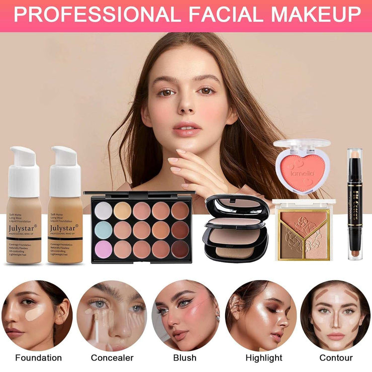 All-in-One Makeup Kit with foundation, concealer, eyeshadow, blush, highlighter, contour, and brushes for professional facial makeup.