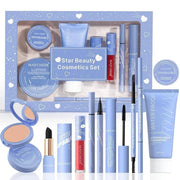 Makeup Kit for Women complete set with eyeshadow, lipstick, foundation, concealer, mascara, and eyeliner in a blue packaging box
