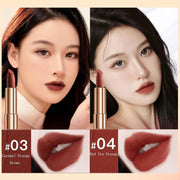 Velvet Matte Lipstick Set with 4 rich colors, waterproof, long-lasting, in elegant chain leather pouch for a luxe makeup look