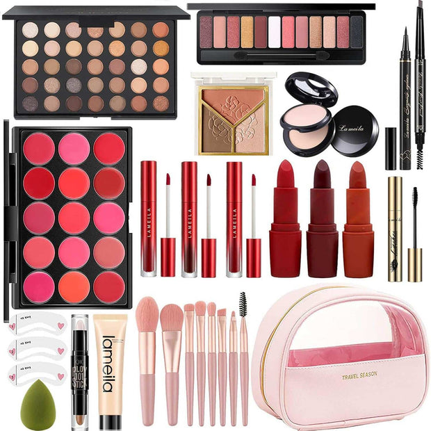 All In One Makeup Set with eyeshadows, lipsticks, brushes, and a pink travel case for face, eyes, and lips.